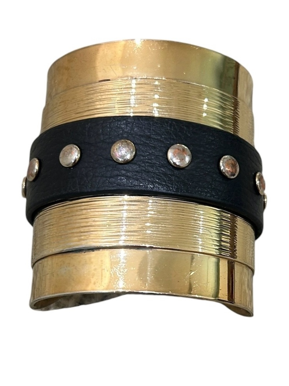 Ann Taylor Gold-Tone textured cuff Bracelet Black vegan leather Studded Band